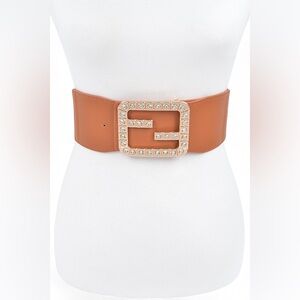 Camel Vegan Leather & Crystal Buckle Stretch Statement Belt